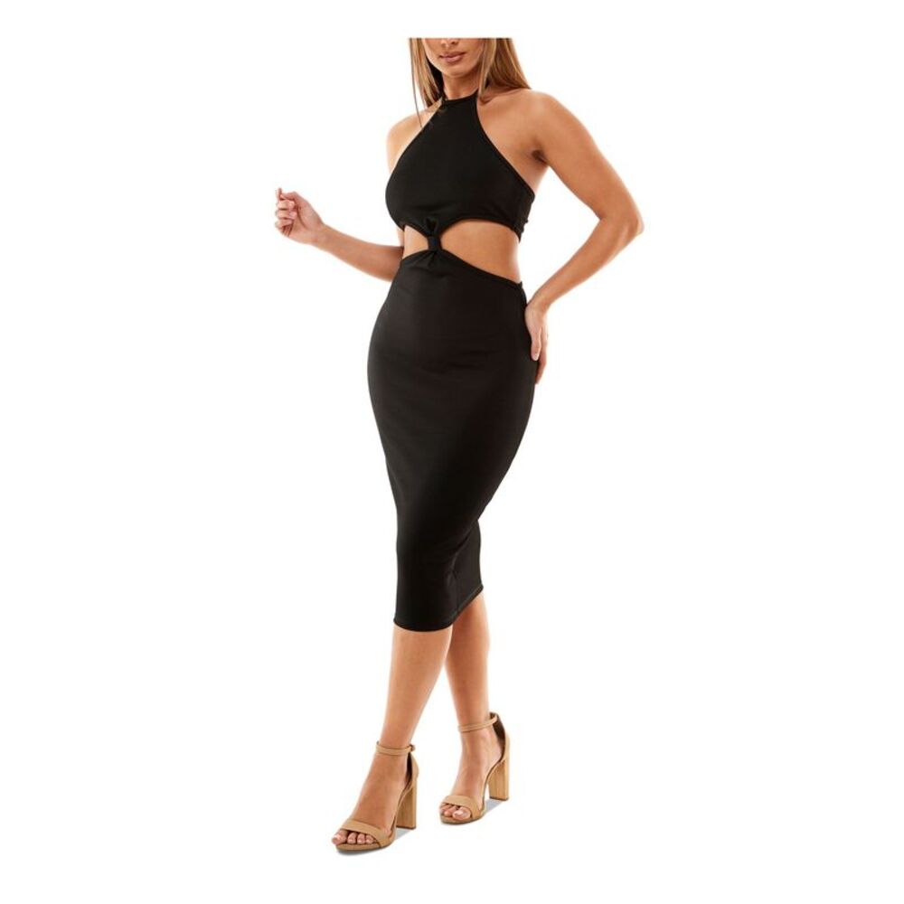 ALMOST FAMOUS Womens Body Con Below The Knee Dress Black Sleeveless Juniors L - Picture 3 of 4